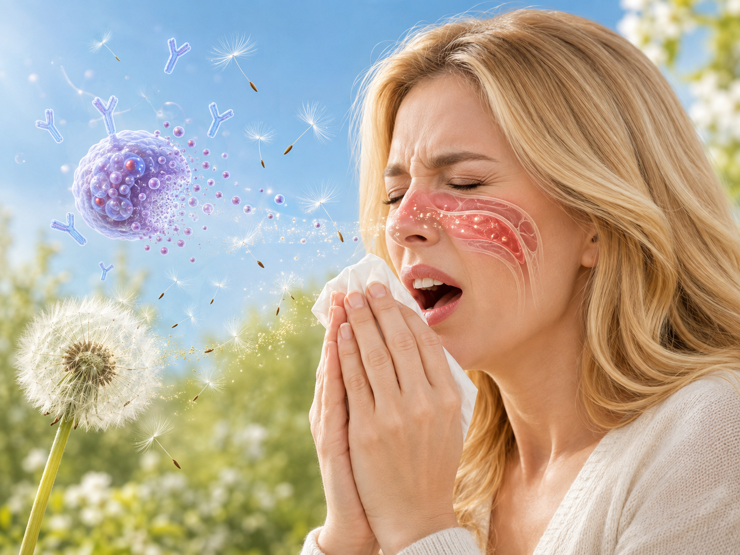 Illustrazione medica di una reazione allergica mediata dal sistema immunitario