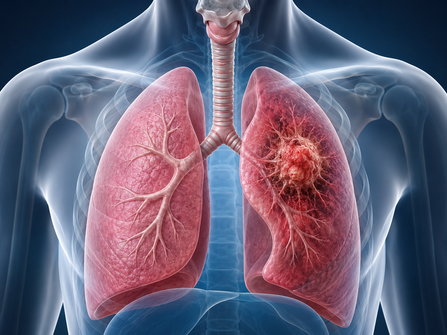 Illustrazione anatomica dei polmoni e di una neoplasia polmonare